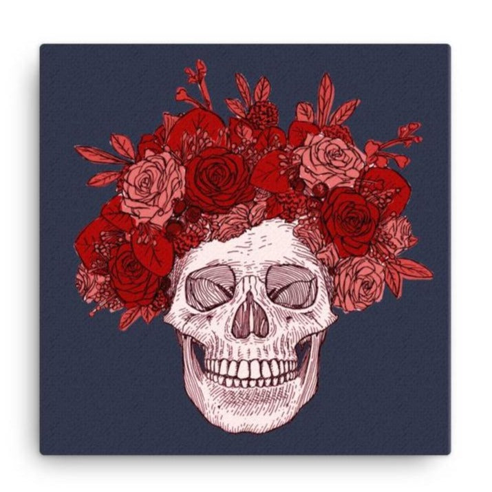 Skull with Red Flowers Canvas Wall Art