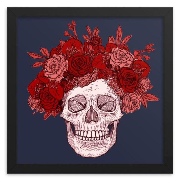 Skull with Red Flowers Framed Art Print