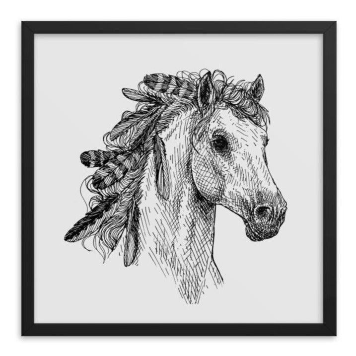 Mustang with Feathers Framed Art Print (Grey)