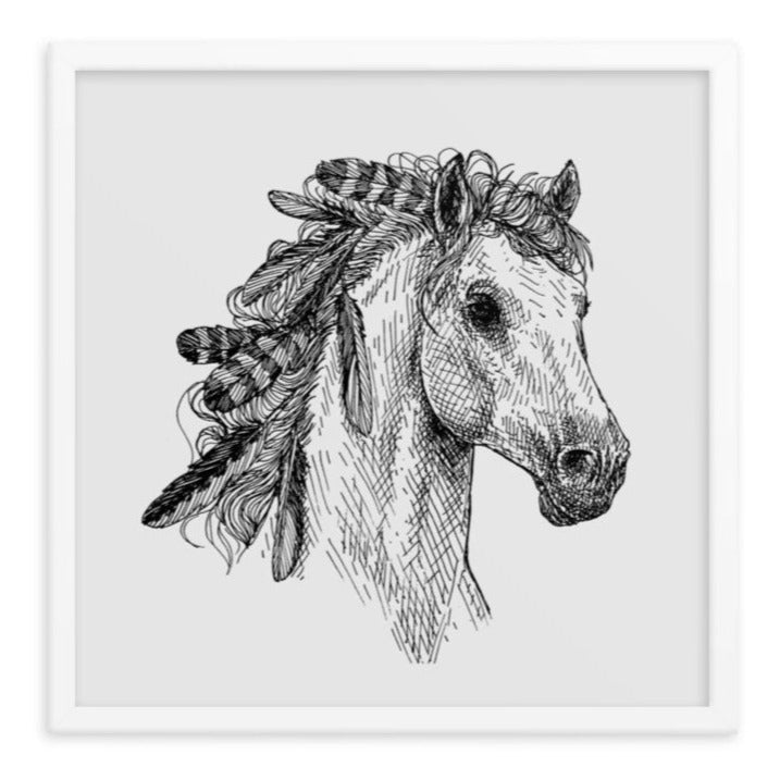 Mustang with Feathers Framed Art Print (Grey)