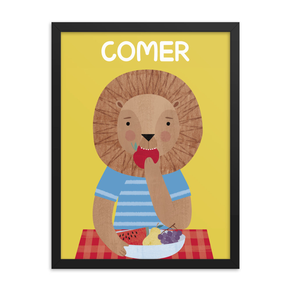 Eating Lion Framed Art Print - Spanish