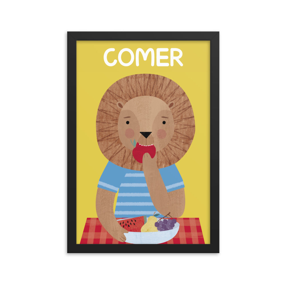 Eating Lion Framed Art Print - Spanish
