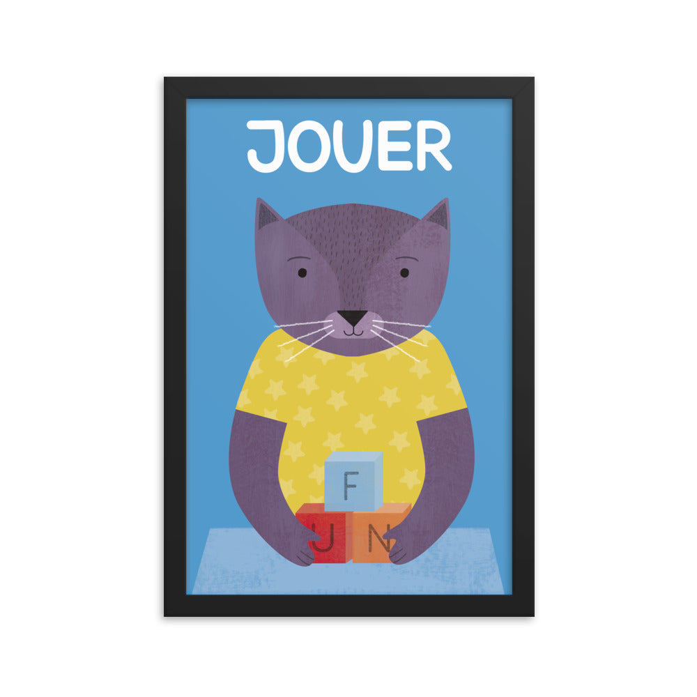 遊び心のある猫の額入りアートプリント - フランス語